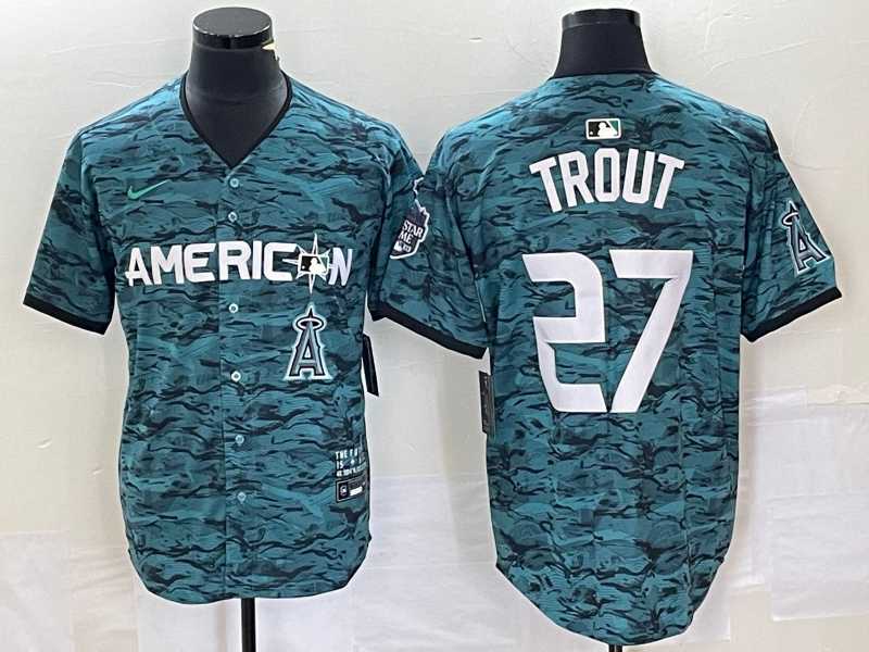 Men%27s Los Angeles Angels #27 Mike Trout Teal 2023 All Star Cool Base Stitched Jersey1